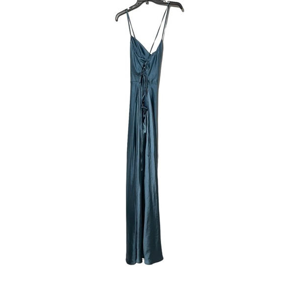 Lulu’s Inspire Romance Slate Blue Satin Cowl Neck Lace-Up Maxi Dress Size Large - Picture 4 of 7